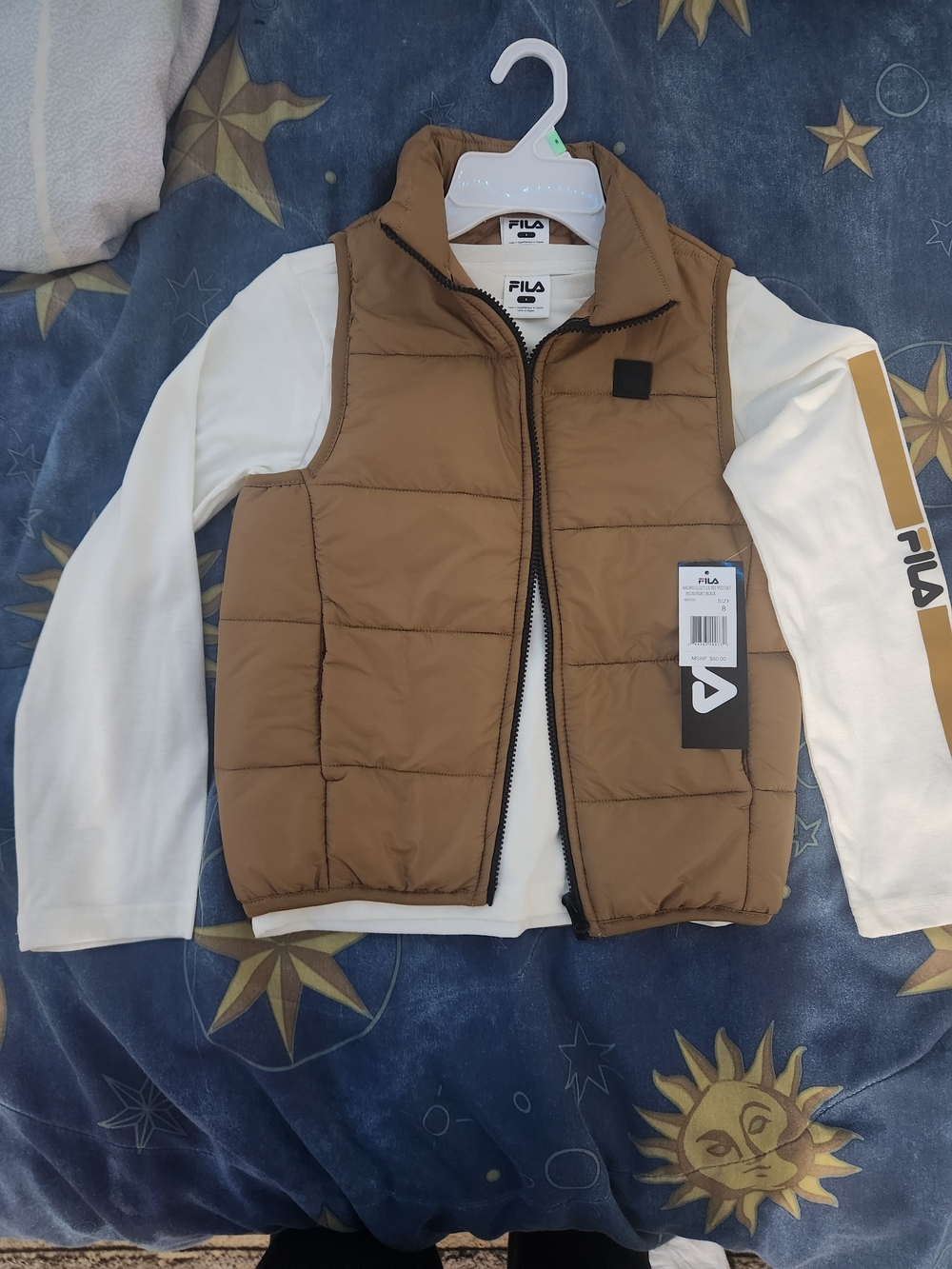 FILA Kids Brown Quilted Puffer Vest with Long Sleeve Top, 2-Piece Set